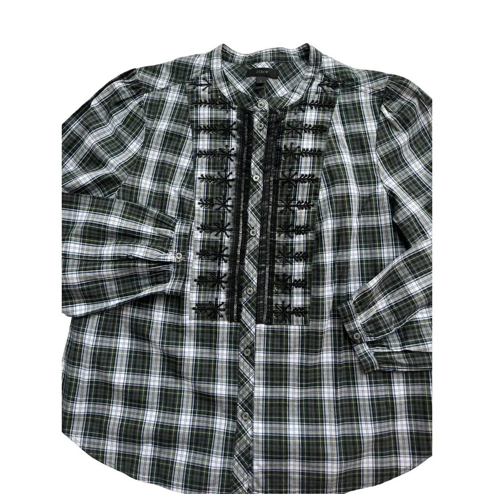 J Crew Plaid Embroidered Shirt Womens M Green Black Button Down Long‎ Sleeve Top